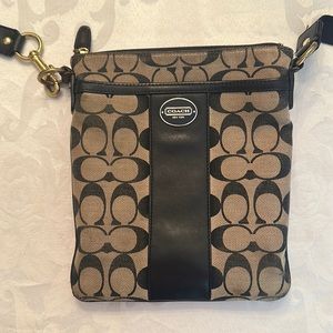 Coach crossbody mini in classic black & taupe w/ leather trim & brass accents